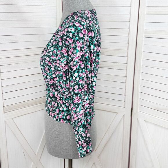 Zara Floral V-Neck Smocked Waist Crop Top Blouse Pink Green Medium - Picture 2 of 13